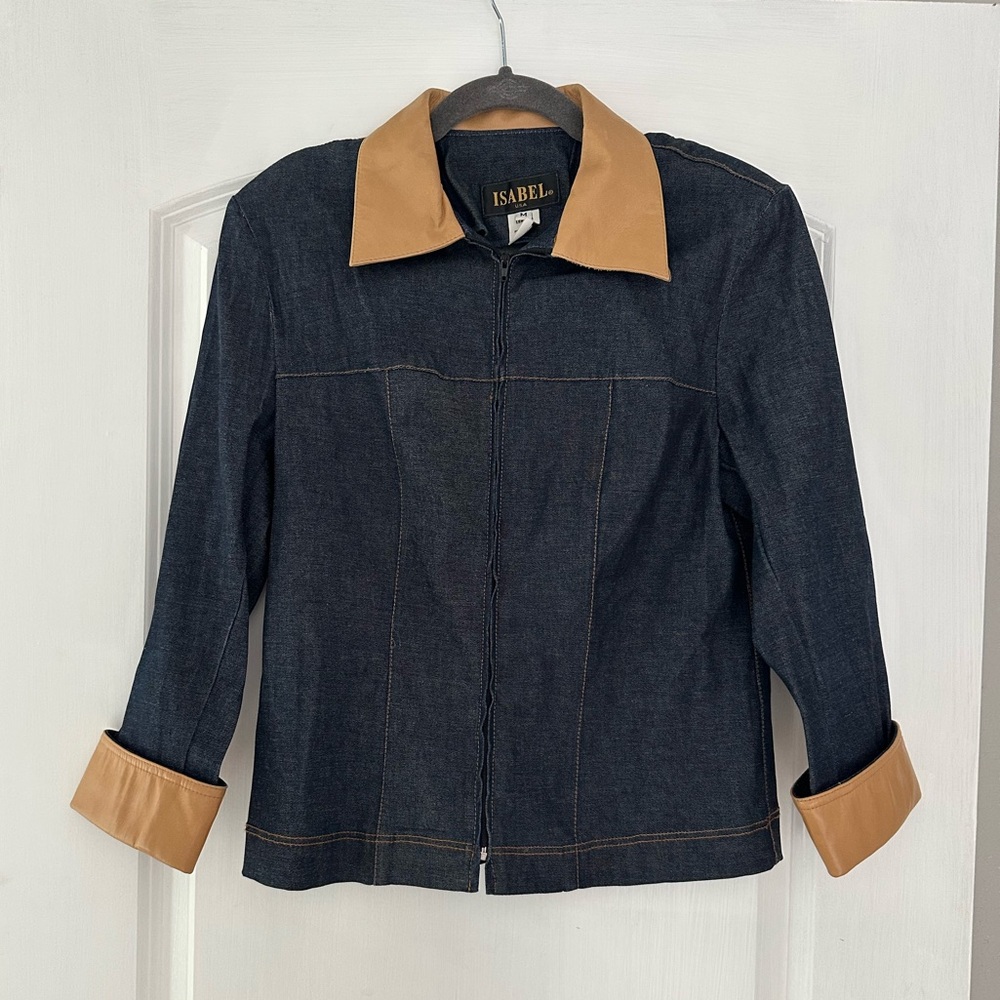 Isabel Navy Jean Jacket with Genuine Leather Trim Tan Details